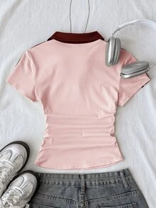 SHEIN 青少年女孩奶油黃與棕色拼色領口針織休閒對比飾邊修身收腰T恤 - 粉色 - 查看 2