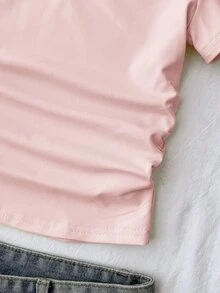 SHEIN 青少年女孩奶油黃與棕色拼色領口針織休閒對比飾邊修身收腰T恤 - 粉色 - 查看 4
