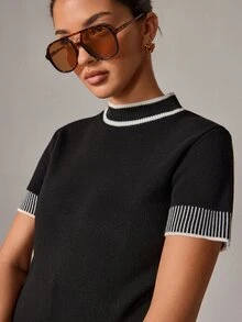 SHEIN Chic Elegant Casual Contrast Trim Ribbed Knit Short Sleeve Crop Sweater High Waist Wide Leg Pants Co-Ord Set Black And White Checkered Autumn Brunch - Black - View 6