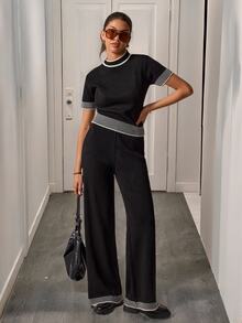 SHEIN Chic Elegant Casual Contrast Trim Ribbed Knit Short Sleeve Crop Sweater High Waist Wide Leg Pants Co-Ord Set Black And White Checkered Autumn Brunch - Black - View 1