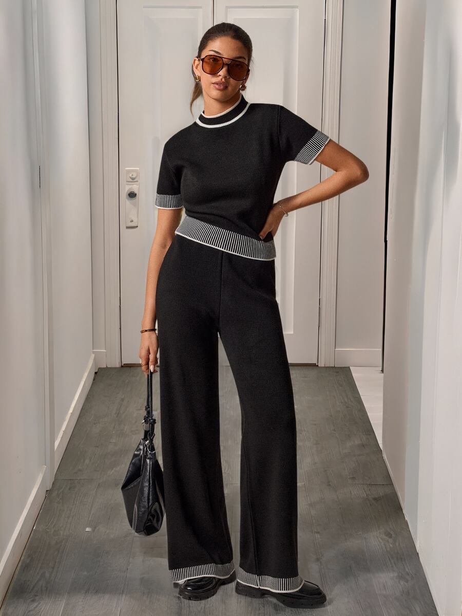 SHEIN Chic Elegant Casual Contrast Trim Ribbed Knit Short Sleeve Crop Sweater High Waist Wide Leg Pants Co-Ord Set Black And White Checkered Autumn Brunch - Black - View 1
