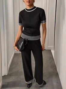 SHEIN Chic Elegant Casual Contrast Trim Ribbed Knit Short Sleeve Crop Sweater High Waist Wide Leg Pants Co-Ord Set Black And White Checkered Autumn Brunch - Black - View 4