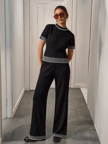 SHEIN Chic Elegant Casual Contrast Trim Ribbed Knit Short Sleeve Crop Sweater High Waist Wide Leg Pants Co-Ord Set Black And White Checkered Autumn Brunch - Black - View 3