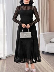 Feyla Plus Size Elegant Solid Color Lace Dress For Commuting Fall - Black - View 1