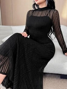 Feyla Plus Size Elegant Solid Color Lace Dress For Commuting Fall - Black - View 3