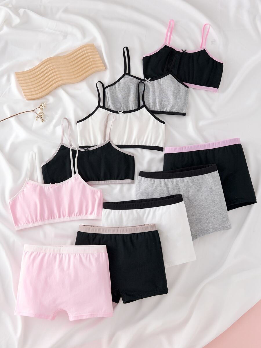 10pcs/Set Girls Seamless Simple Bra Top & Panty Set,Versatile Camisole Underwear,Modest Sports Bra & Briefs,Black,Winter Nighties Back To School Tween - Multicolor - View 1