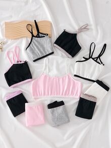 10pcs/Set Girls Seamless Simple Bra Top & Panty Set,Versatile Camisole Underwear,Modest Sports Bra & Briefs,Black,Winter Nighties Back To School Tween - Multicolor - View 5