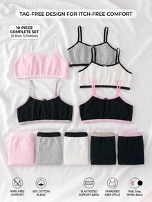 10pcs/Set Girls Seamless Simple Bra Top & Panty Set,Versatile Camisole Underwear,Modest Sports Bra & Briefs,Black,Winter Nighties Back To School Tween - Multicolor - View 7