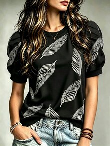 Trelyra Women's Leaf Pattern Casual Daily Wear T-Shirt - Multicolor - View 1
