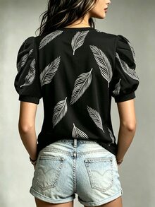 Trelyra Women's Leaf Pattern Casual Daily Wear T-Shirt - Multicolor - View 2