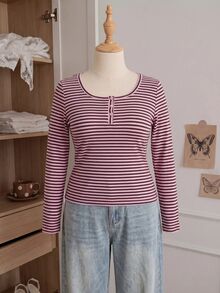 Comfortcana Plus Size Women's Striped Colorblock Fitted Versatile Daily Casual Long Sleeve T-Shirt Fall - Pink - View 8
