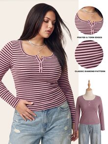 Comfortcana Plus Size Women's Striped Colorblock Fitted Versatile Daily Casual Long Sleeve T-Shirt Fall - Pink - View 10