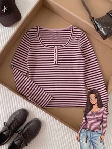 Comfortcana Plus Size Women's Striped Colorblock Fitted Versatile Daily Casual Long Sleeve T-Shirt Fall - Pink - View 11