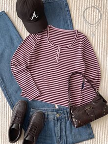Comfortcana Plus Size Women's Striped Colorblock Fitted Versatile Daily Casual Long Sleeve T-Shirt Fall - Pink - View 3