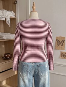 Comfortcana Plus Size Women's Striped Colorblock Fitted Versatile Daily Casual Long Sleeve T-Shirt Fall - Pink - View 2