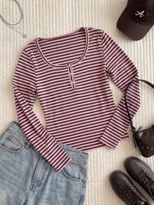 Comfortcana Plus Size Women's Striped Colorblock Fitted Versatile Daily Casual Long Sleeve T-Shirt Fall - Pink - View 5