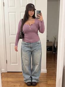 Comfortcana Plus Size Women's Striped Colorblock Fitted Versatile Daily Casual Long Sleeve T-Shirt Fall - Pink - View 6