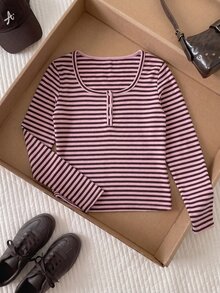 Comfortcana Plus Size Women's Striped Colorblock Fitted Versatile Daily Casual Long Sleeve T-Shirt Fall - Pink - View 4