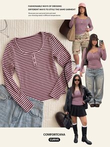 Comfortcana Plus Size Women's Striped Colorblock Fitted Versatile Daily Casual Long Sleeve T-Shirt Fall - Pink - View 1