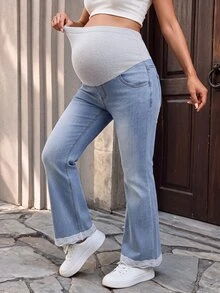 Momance Maternity Fashion Lace Elastic Denim Jeans - Light Wash - View 9