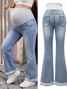Momance Maternity Fashion Lace Elastic Denim Jeans - Light Wash - View 1