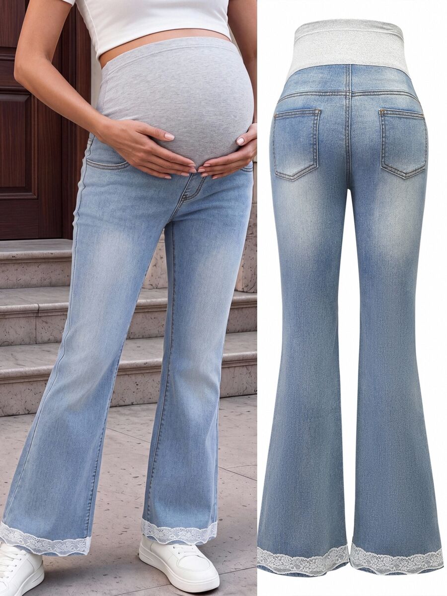 Momance Maternity Fashion Lace Elastic Denim Jeans - Light Wash - View 1