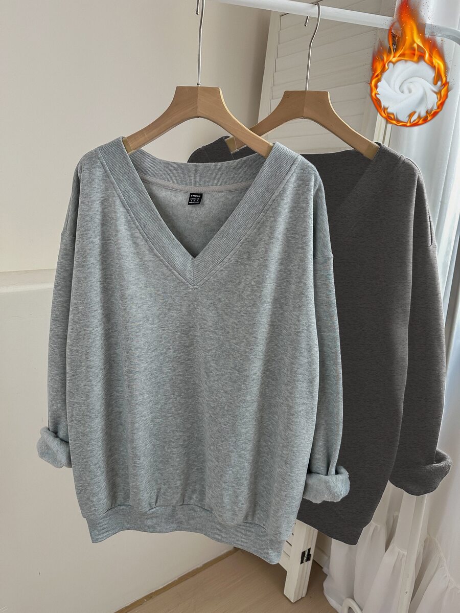 SHEIN LUNE 女款休閒V領抓絨衛衣2件套,適合秋冬居家穿著,淺灰色,返校服裝,大學穿搭 - 彩色 - 查看 1