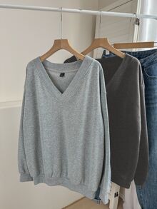 SHEIN LUNE 女款休閒V領抓絨衛衣2件套，適合秋冬居家穿著，淺灰色，返校服裝，大學穿搭 - 彩色 - 查看 3