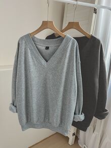 SHEIN LUNE 女款休閒V領抓絨衛衣2件套，適合秋冬居家穿著，淺灰色，返校服裝，大學穿搭 - 彩色 - 查看 9