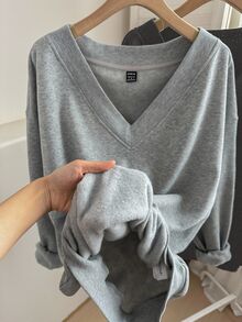 SHEIN LUNE 女款休閒V領抓絨衛衣2件套，適合秋冬居家穿著，淺灰色，返校服裝，大學穿搭 - 彩色 - 查看 7