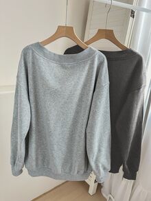 SHEIN LUNE 女款休閒V領抓絨衛衣2件套，適合秋冬居家穿著，淺灰色，返校服裝，大學穿搭 - 彩色 - 查看 2
