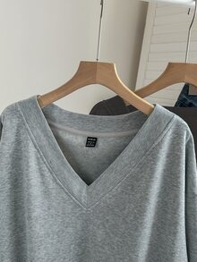 SHEIN LUNE 女款休閒V領抓絨衛衣2件套，適合秋冬居家穿著，淺灰色，返校服裝，大學穿搭 - 彩色 - 查看 4