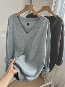SHEIN LUNE 女款休閒V領抓絨衛衣2件套，適合秋冬居家穿著，淺灰色，返校服裝，大學穿搭 - 彩色 - 查看 8