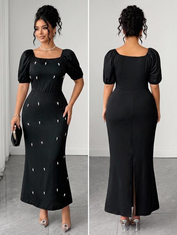 Elenzga French Vintage Elegant Casual Fashion Petal Sleeve Pearl Decor Black Dress