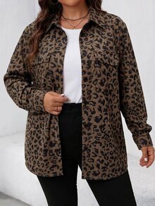 SHEIN LUNE 大尺碼女款豹紋長袖單排扣休閒工裝口袋夾克 - 彩色 - 查看 4