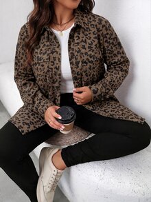 SHEIN LUNE 大尺碼女款豹紋長袖單排扣休閒工裝口袋夾克 - 彩色 - 查看 1