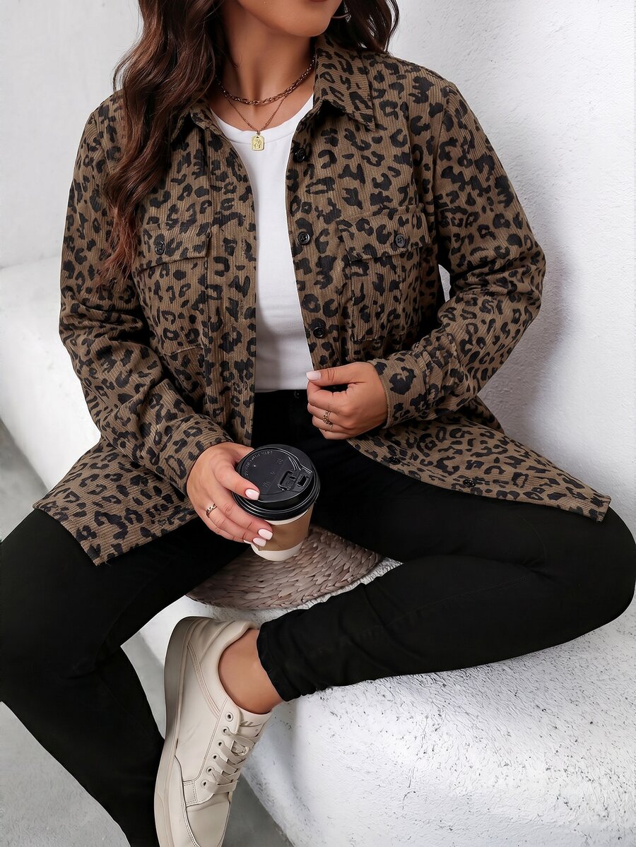 SHEIN LUNE 大尺碼女款豹紋長袖單排扣休閒工裝口袋夾克 - 彩色 - 查看 1