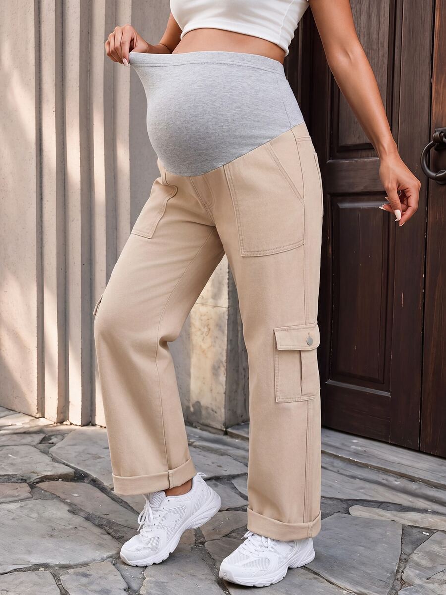 Momance Maternity Multi-Pocket Casual Denim Long Pants - Khaki - View 1
