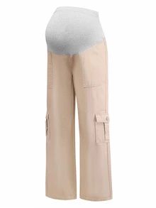 Momance Maternity Multi-Pocket Casual Denim Long Pants - Khaki - View 3