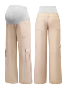 Momance Maternity Multi-Pocket Casual Denim Long Pants - Khaki - View 7