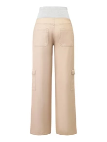 Momance Maternity Multi-Pocket Casual Denim Long Pants - Khaki - View 4