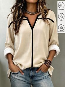 SHEIN Women's Long Sleeve Loose Casual Vacation Outing Comfortable Shirt - Apricot - View 1