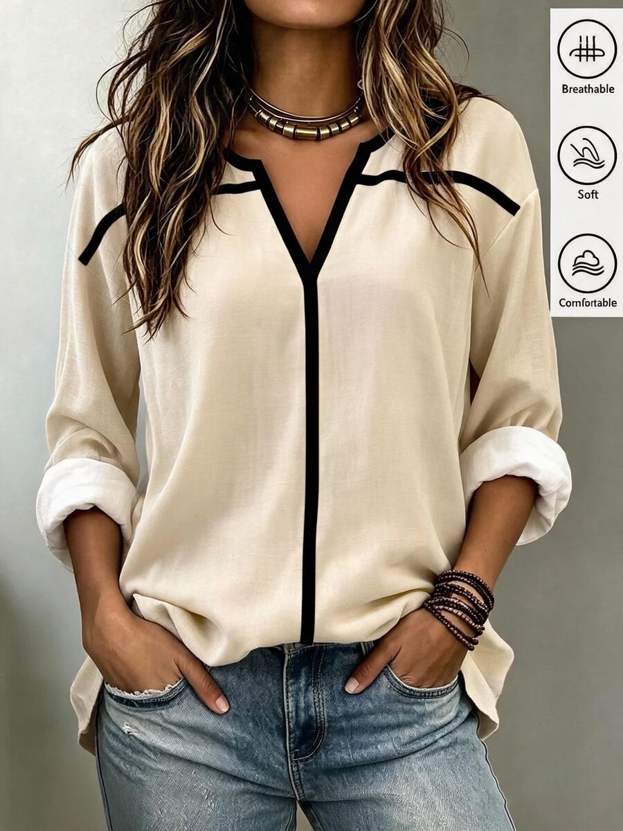 SHEIN Women's Long Sleeve Loose Casual Vacation Outing Comfortable Shirt - Apricot - View 1