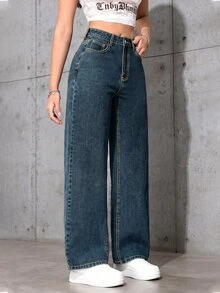 SHEIN ICON 女款休閒街頭風百搭牛仔長褲，附口袋與鈕扣，適合日常穿著、白天度假，水藍色，夏季 - 寶藍色 - 查看 5