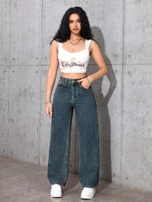 SHEIN ICON 女款休閒街頭風百搭牛仔長褲，附口袋與鈕扣，適合日常穿著、白天度假，水藍色，夏季 - 寶藍色 - 查看 3