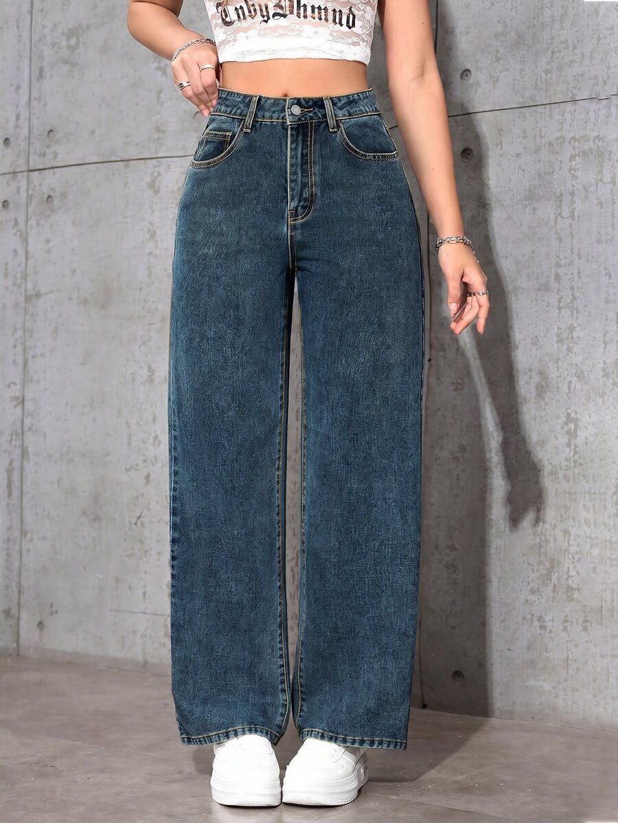 SHEIN ICON 女款休閒街頭風百搭牛仔長褲,附口袋與鈕扣,適合日常穿著、白天度假,水藍色,夏季 - 寶藍色 - 查看 1