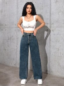SHEIN ICON 女款休閒街頭風百搭牛仔長褲，附口袋與鈕扣，適合日常穿著、白天度假，水藍色，夏季 - 寶藍色 - 查看 6