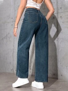 SHEIN ICON 女款休閒街頭風百搭牛仔長褲，附口袋與鈕扣，適合日常穿著、白天度假，水藍色，夏季 - 寶藍色 - 查看 2