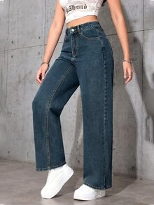 SHEIN ICON 女款休閒街頭風百搭牛仔長褲，附口袋與鈕扣，適合日常穿著、白天度假，水藍色，夏季 - 寶藍色 - 查看 4