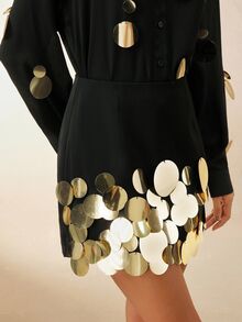 Anewsta Minifalda versátil de línea A decorada a mano con lentejuelas, primavera verano - Negro - Ver 5